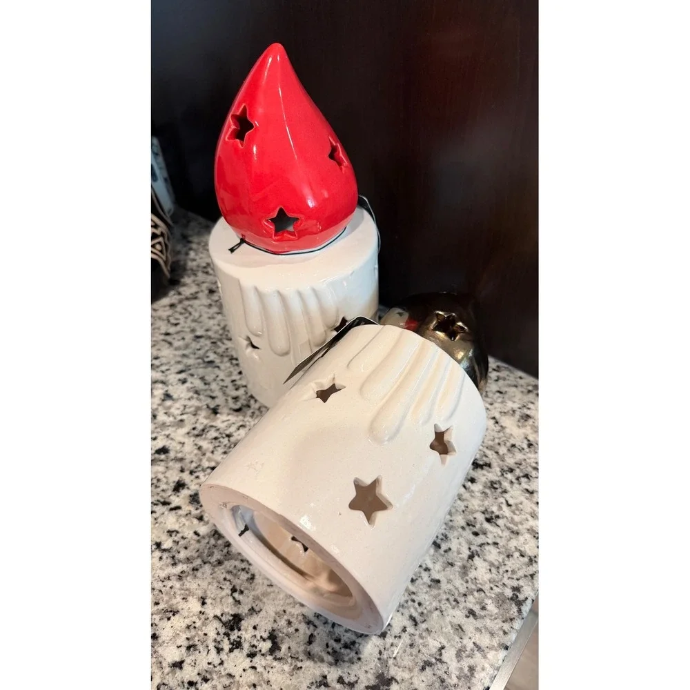 Handcrafted Ceramic Star‎ Cutout Candle Holders Set of 2 Red Gold Vietnam Decor